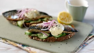 Mackerel on toast with salted cucumber and horseradish