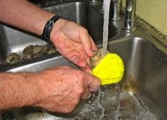 Scrub clams under running water / New England Clam Chowder Recipe - www.boston-discovery-guide.com